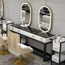 Barber shop mirror table LED lamp hairdressing mirror single face beauty makeup cabinet integrated marble double-sided ironing table
