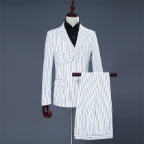 White striped mens suit suit set groom best man double-breasted suit two-piece slim host emcire dress