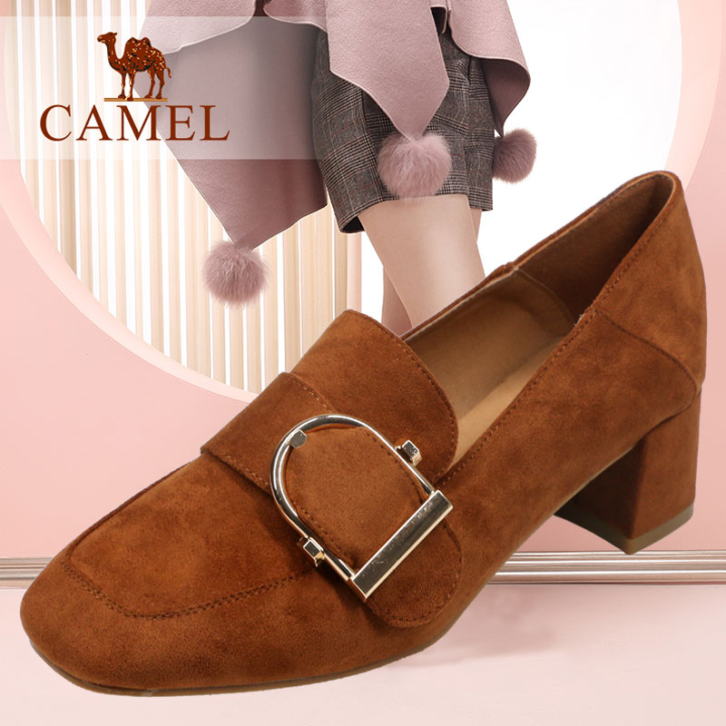 Camel/Camel Women's Shoes Spring and Autumn 2018 Flannel Casual Rough-heeled Shoes Fashion Square-headed Women's Medium-heeled Single Shoes