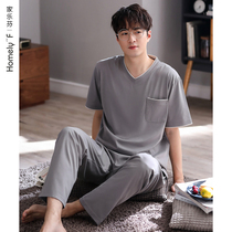 Lycra cotton] pajamas mens summer cotton short-sleeved trousers Home clothes Summer summer thin plus size suit