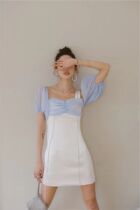 LISA 2021 One shoulder bubble sleeve diamond chain dress White blue rhinestone short sleeve summer birthday party evening dress