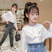 Girl White Shirt Han Edition Spring Dress New Foreign Air Inside Hitchhiking Trendy Children Dolls Collar Lining Clothes Spring Autumn Bottom Blouses