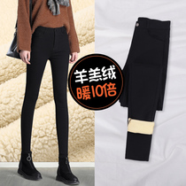 Lambwool leggings women wear 2021 autumn and winter New plus velvet padded black high waist integrated warm cotton pants