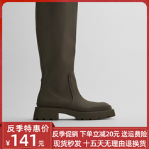 ZA2021 summer new khaki green rubber sense flat-bottomed long-sleeved high boots ins net red high-knee boots female