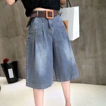  Denim three-point pants womens pants summer plus size thin section 2021 new thin five-point shorts six-point wide-leg pants skirt loose