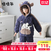 Childrens flannel pajamas boys winter plus velvet thickened cotton coral fleece cartoon boy home clothes