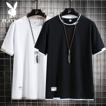 Playboy ice silk short-sleeved t-shirt mens summer ins fake two-piece simple fashion brand thin section loose t-shirt mens clothing