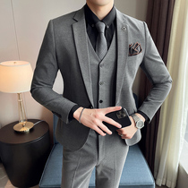 Groom suit business casual gray suit three-piece men Korean slim plaid autumn and winter professional wear