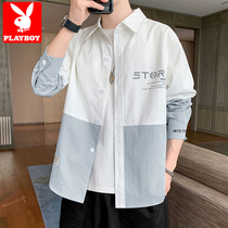 Playboy shirt Mens spring and autumn long-sleeved shirt design sense niche casual ruffian handsome inch clothing stitching jacket