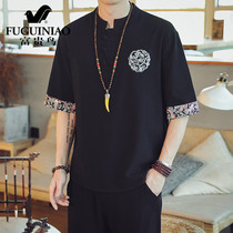 Rich bird Chinese style linen short-sleeved T-shirt shirt mens Chinese cotton and hemp retro style casual Tang clothing mens top