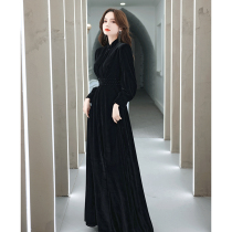 French senior evening dress dress dress womens long sleeve Annual Meeting banquet art test performance black velvet long host