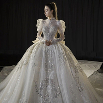 Long sleeve main wedding dress 2021 new bride big tailing luxury heavy industry bubble high end sense Hepburn Palace style