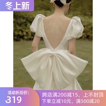Backless bow wedding wedding dress bride wedding main yarn French Hepburn style super fairy satin shoulder dress dress welcome