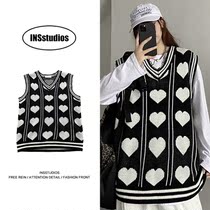 INSstudios Tide Brand ins Contrast Love Jacquard Sweater Retro Street V-neck Knitted Vest Tide