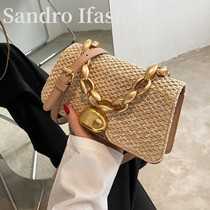 French niche straw bag female 2021 new fashion wild shoulder bag foreign style small square bag mobile phone bag wallet