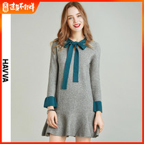 Havva winter new Italian European goods receiving waist western fashion contrast knitted dress female q4389
