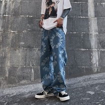 Summer ins tide brand ruffian handsome fried street jeans letter printing mopping sense mens casual pants thin section oversize