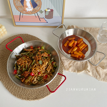 See things like noodles ins Wind double ears stainless steel pan risotto pasta fried chicken plate crayfish baking plate red handle