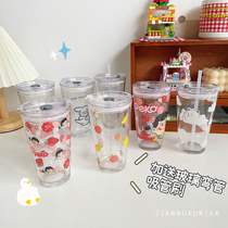 Heat-resistant glass with lid straw Cup ins Wind large capacity cartoon water Cup cute children fresh female portable
