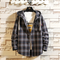 Autumn new casual plaid long sleeve shirt men fat plus size loose hooded sports shirt trend inch shirt