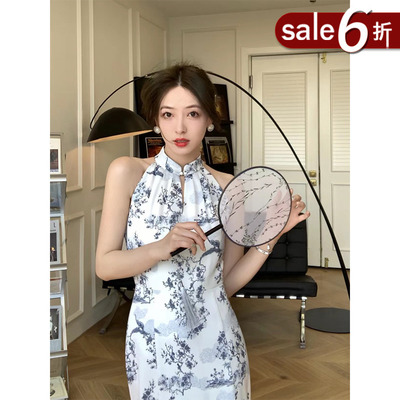 taobao agent [60 % off beyonds] Xia Shiwen Blue Silk White Snow imitation ink painting hanging neck cheongsam female spring dress