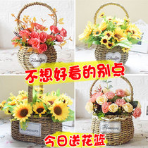 Fake flower decoration ornaments small basket photo sunflower simulation Flower Dance props flower basket rattan portable basket flower arrangement