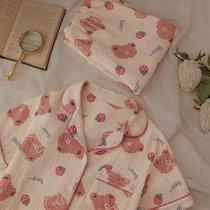 Strawberry bear Japanese cartoon bear cotton gauze pajamas Women summer 2021 new short sleeve shorts set