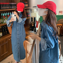 Pregnant women Spring New coat lapel denim skirt Korean fashion wear spring and autumn clothing Net Red mid-pregnancy dress