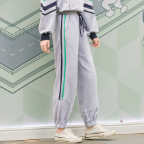 Gray sports pants spring and autumn girls Big children high school girls junior high school students autumn pants bunched feet loose pants
