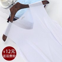 Summer quick-drying ice silk round V-neck seamless vest male slim movement elastic wide shoulder vest sleeveless T-shirt base shirt