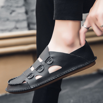 Mens shoes 2021 new summer breathable bag half slippers ins tide men wearing Roman leather sandals Black