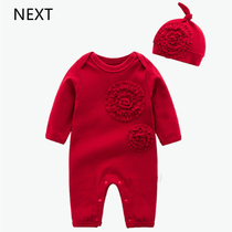 British NEXT baby girl ha clothes autumn baby big red clothes jumpsuit Chinese style full moon 100-year-old climbing clothes