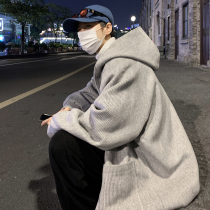 Striped woolen coat mens autumn and winter Korean version of trendy woolen coat harbor wind ins medium and long large size loose trench coat