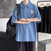 Short-sleeved polo shirt mens summer Hong Kong style loose National tide printing T-shirt ins tide brand large size half-sleeve lapel top