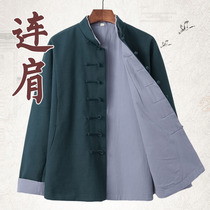 Chinese style thickened Tang suit mens autumn clothes Chinese style mens young and middle-aged retro long-sleeved Hanfu coat cotton linen meditation dress
