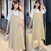 Summer premium maternity suit short-sleeved top strap skirt two-piece foreign-made maternity suspenders dress