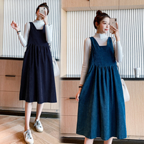 High-end autumn suspender skirt new corduroy strap skirt two-piece foreign-style pregnant womens dress autumn and winter dress tide