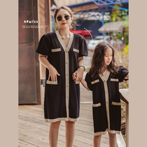Shi Pea High-end Fried Street pro-children Girl Small Balsamic Wind Short Sleeve Knitted Skirt Foreign Pistachio Female Dress 2022 Summer