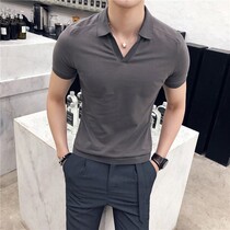 2021 summer knitted solid color short-sleeved POLO shirt mens V-neck youth half-sleeve slim lapel Paul shirt T-shirt Korean version