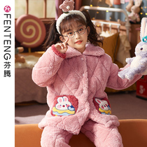 Fenteng autumn and winter girls pajamas parent-child coral velvet cotton plus velvet thickened girl children flannel home clothing