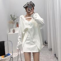 Spring and autumn 2021 new suit womens loose knit sweater bottoming vest high waist skirt three-piece set