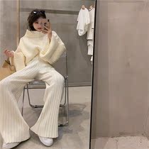 2021 autumn and winter New lazy wind white turtleneck sweater wide legs high waist knitted mop pants two-piece set women tide