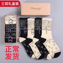 Drewup cashew flower socks high-top custom black face pattern with AF1 AJ men and women three pairs gift box