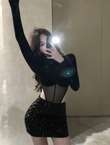 Knitted sweatshirt woman irregular semi-high neckline with undershirt spring design sensation Little crowdsourced black hot girl one-piece blouse