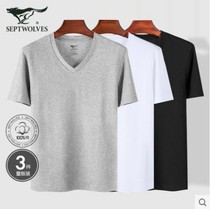 Seven wolves mens pure cotton short sleeve T-shirt waistcoat in v collar underwear half sleeve old man shirt bottom full cotton sweatshirt man