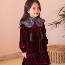 Baby Baby China Wind 2022 New Autumn Winter Dress Birthday Princess Dress Girl Long Sleeve Velvet Qipao Cloud Shoulder