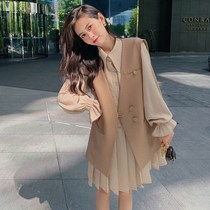 Set female autumn two-piece foreign style new Korean version of loose waistcoat shoulder suit waistcoat shirt pleated dress