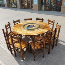 Farmhouse table and chair combination food stall round hot pot table induction cooker integrated restaurant solid wood table Commercial