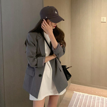 Gray suit womens spring and autumn thin section 2021 new temperament design sense British style loose medium-long suit top