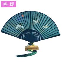 Figure ancient wind 6 inch female fan folding fan Hanfu fan summer portable small crane Xiangyun Black Green